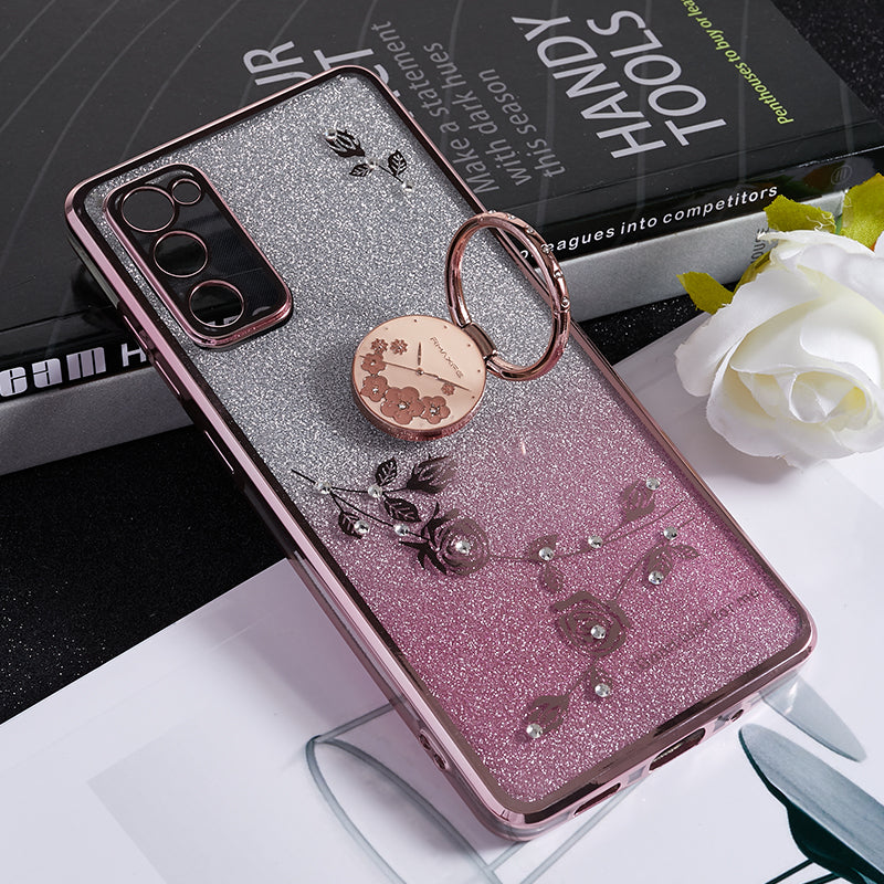 KADEM For Samsung Galaxy S20 FE / FE 5G / FE 2022 / S20 Lite Rhinestone Kickstand Phone Case Flower Pattern Gradient Glitter TPU Cover - Rose Gold