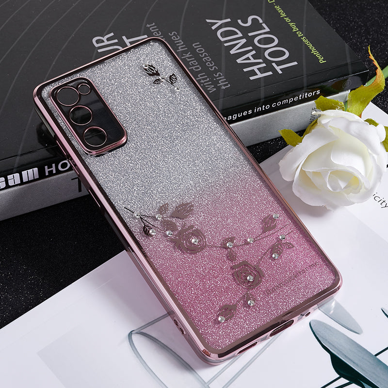 KADEM For Samsung Galaxy S20 FE / FE 5G / FE 2022 / S20 Lite Rhinestone Gradient Glitter TPU Case Flower Pattern Phone Cover - Rose Gold