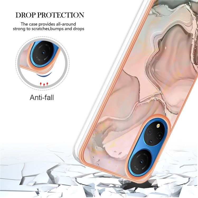 YB IMD Series-16 Style E Marble Pattern Phone Case for Honor X7 , 2.0mm Shockproof TPU IMD Electroplating Cover - Pink