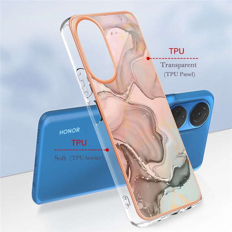 YB IMD Series-16 Style E Marble Pattern Phone Case for Honor X7 , 2.0mm Shockproof TPU IMD Electroplating Cover - Pink