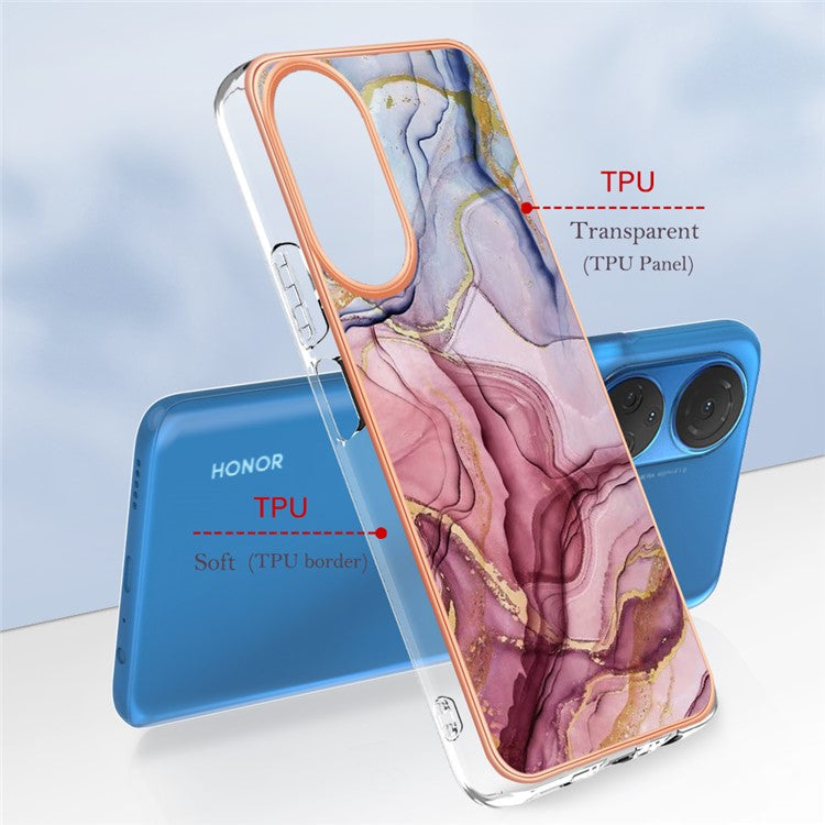 YB IMD Series-16 Style E Marble Pattern Phone Case for Honor X7 , 2.0mm Shockproof TPU IMD Electroplating Cover - Rose Gold