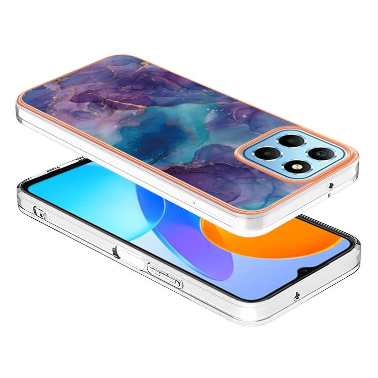 YB IMD Series-16 Style E Marble Pattern TPU Case for Honor X8 5G , Electroplating 2.0mm IMD Phone Cover - Purple