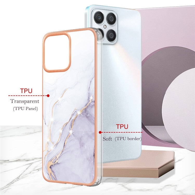 YB IMD Series-2 For Honor X8 4G Marble Pattern TPU Case Electroplated Edge IMD Phone Cover - White 006
