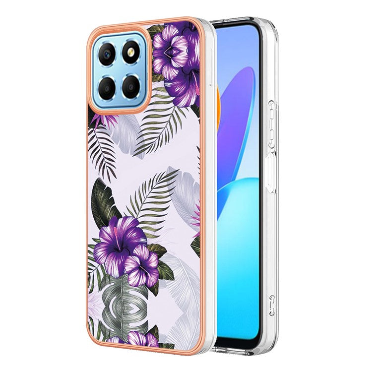 YB IMD Series-1 Electroplating Phone Case for Honor X8 5G Marble Floral Pattern TPU Protective Cover - Purple Flower