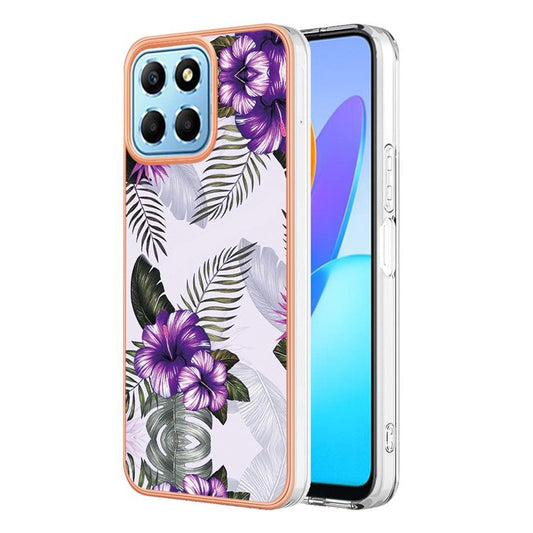 YB IMD Series-1 Electroplating Phone Case for Honor X8 5G Marble Floral Pattern TPU Protective Cover - Purple Flower