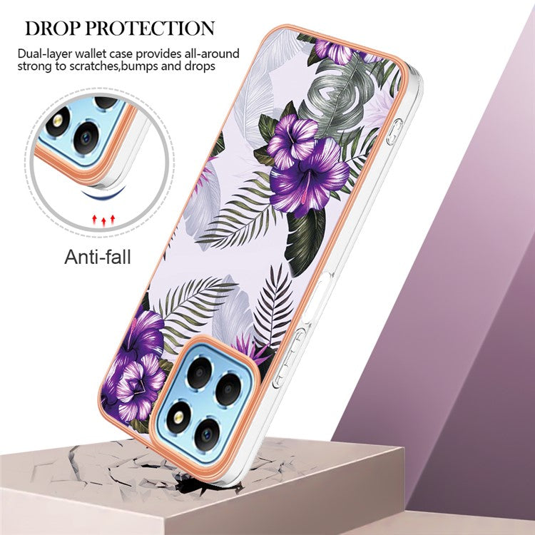 YB IMD Series-1 Electroplating Phone Case for Honor X8 5G Marble Floral Pattern TPU Protective Cover - Purple Flower