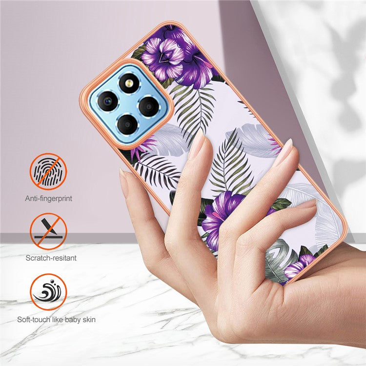 YB IMD Series-1 Electroplating Phone Case for Honor X8 5G Marble Floral Pattern TPU Protective Cover - Purple Flower