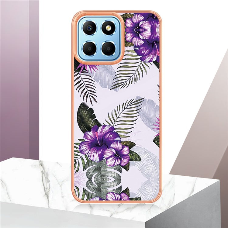 YB IMD Series-1 Electroplating Phone Case for Honor X8 5G Marble Floral Pattern TPU Protective Cover - Purple Flower