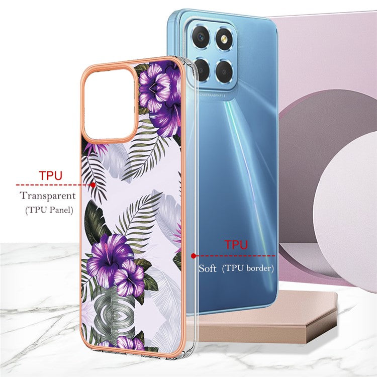 YB IMD Series-1 Electroplating Phone Case for Honor X8 5G Marble Floral Pattern TPU Protective Cover - Purple Flower