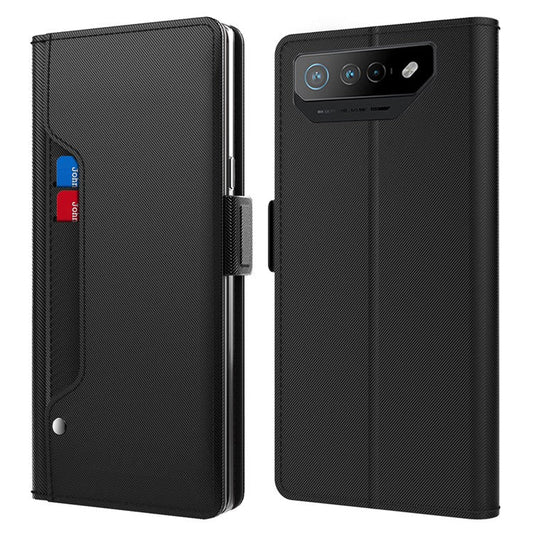 PU Leather Phone Case for Asus ROG Phone 7 5G , Mirror Card Holder Phone Stand Cover - Black