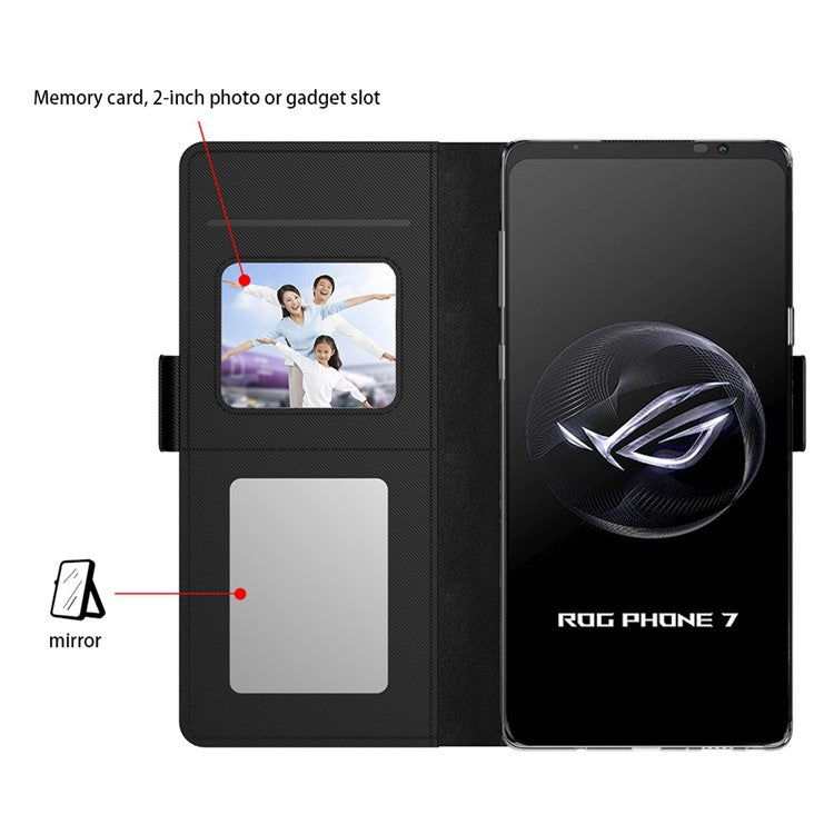 PU Leather Phone Case for Asus ROG Phone 7 5G , Mirror Card Holder Phone Stand Cover - Black