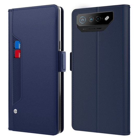 PU Leather Phone Case for Asus ROG Phone 7 5G , Mirror Card Holder Phone Stand Cover - Blue
