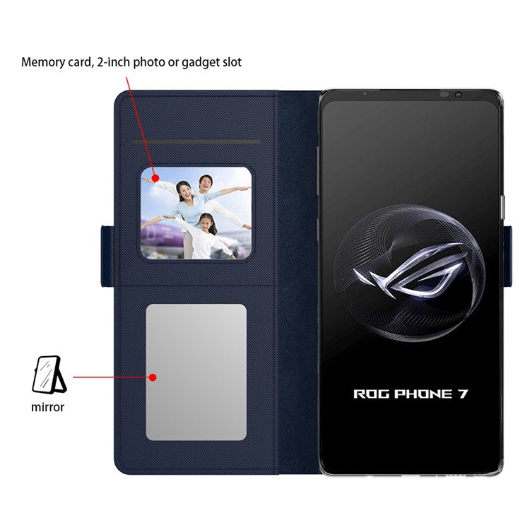 PU Leather Phone Case for Asus ROG Phone 7 5G , Mirror Card Holder Phone Stand Cover - Blue