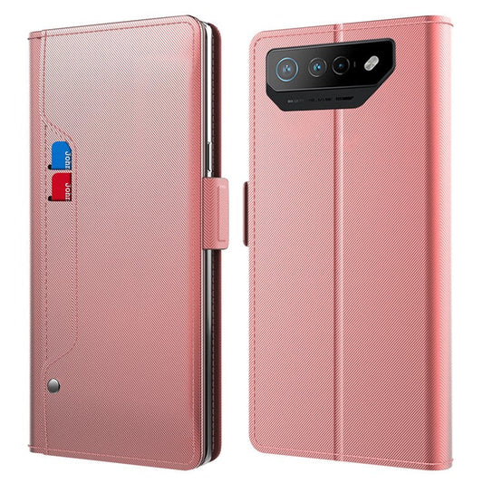 PU Leather Phone Case for Asus ROG Phone 7 5G , Mirror Card Holder Phone Stand Cover - Rose Gold