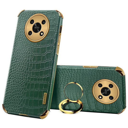 For Honor X30 5G Crocodile Texture Kickstand Cover PU Leather Coated TPU 6D Electroplating Phone Case - Green
