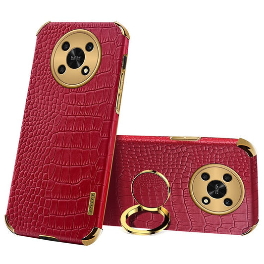 For Honor X30 5G Crocodile Texture Kickstand Cover PU Leather Coated TPU 6D Electroplating Phone Case - Red