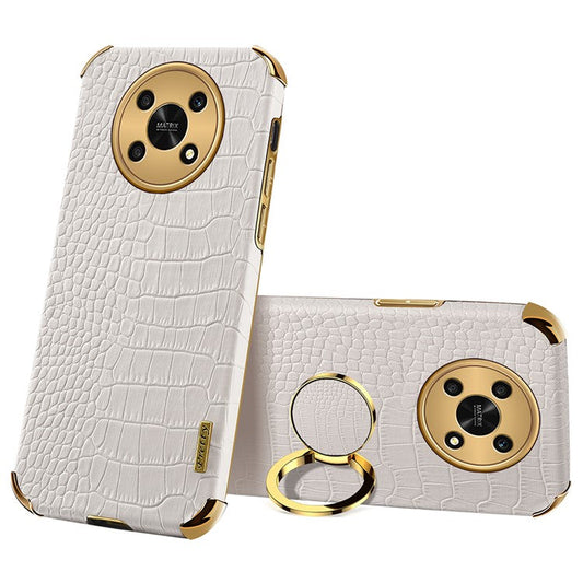 For Honor X30 5G Crocodile Texture Kickstand Cover PU Leather Coated TPU 6D Electroplating Phone Case - White