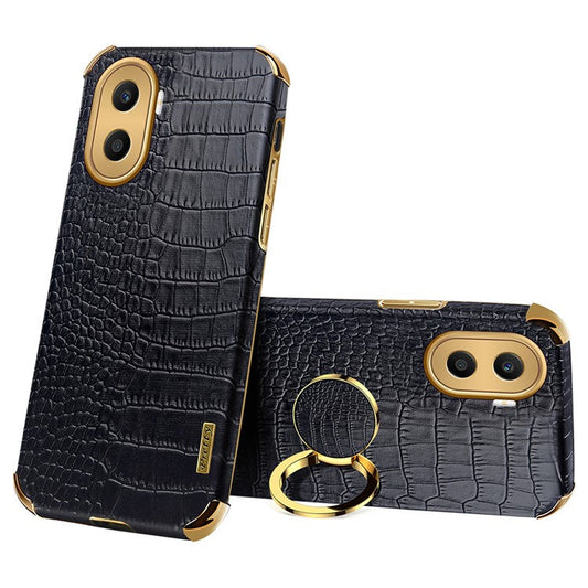 For Honor X40i 5G Ring Kickstand 6D Electroplated Case Precise Cutout Crocodile Texture Leather Coated TPU Cover - Black