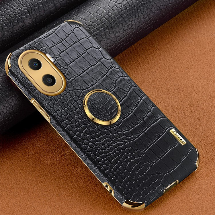 For Honor X40i 5G Ring Kickstand 6D Electroplated Case Precise Cutout Crocodile Texture Leather Coated TPU Cover - Black