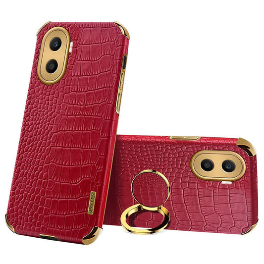 For Honor X40i 5G Ring Kickstand 6D Electroplated Case Precise Cutout Crocodile Texture Leather Coated TPU Cover - Red
