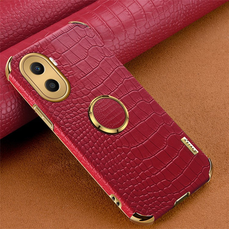 For Honor X40i 5G Ring Kickstand 6D Electroplated Case Precise Cutout Crocodile Texture Leather Coated TPU Cover - Red