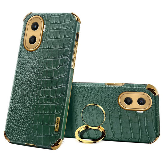 For Honor X40i 5G Ring Kickstand 6D Electroplated Case Precise Cutout Crocodile Texture Leather Coated TPU Cover - Green