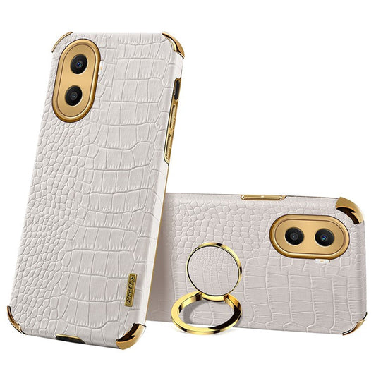 For Honor X40i 5G Ring Kickstand 6D Electroplated Case Precise Cutout Crocodile Texture Leather Coated TPU Cover - White