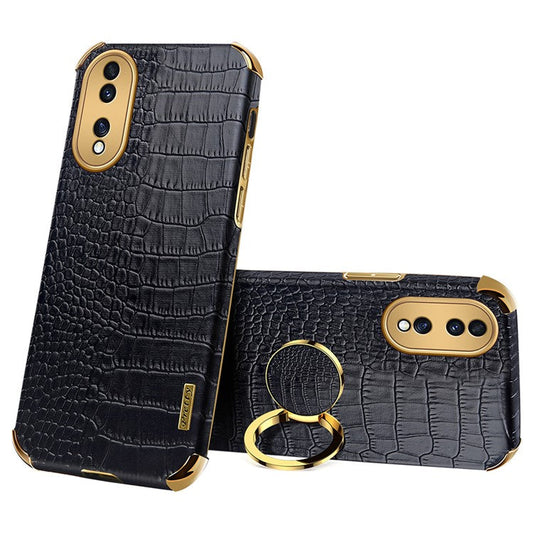 For Honor 70 5G Leather Coated TPU Anti-drop Case Crocodile Texture 6D Electroplated Cover with Ring Kickstand - Black