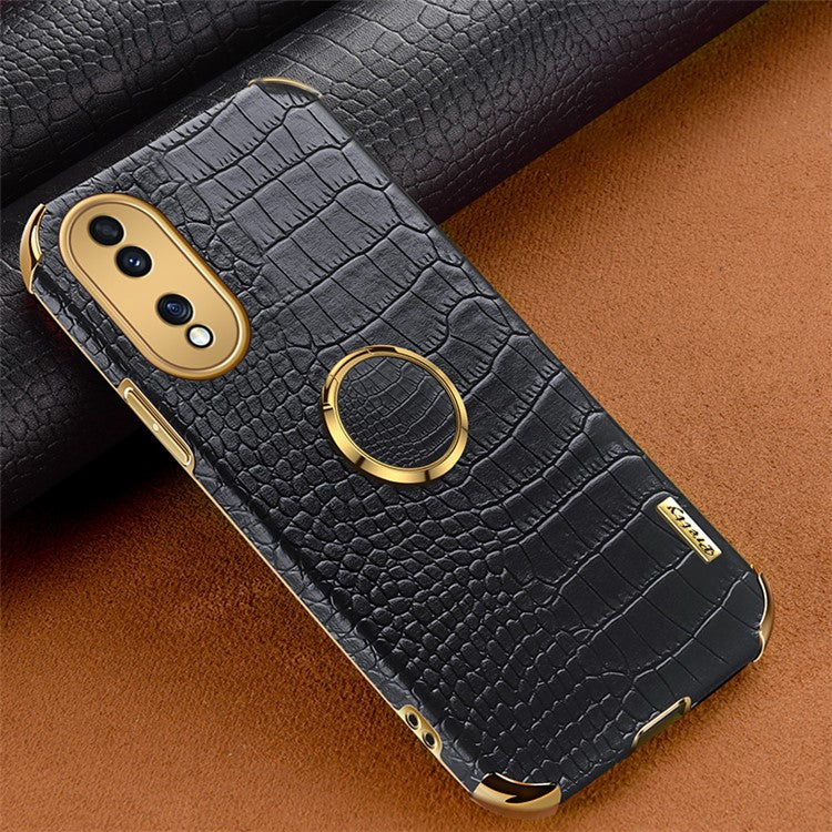 For Honor 70 5G Leather Coated TPU Anti-drop Case Crocodile Texture 6D Electroplated Cover with Ring Kickstand - Black