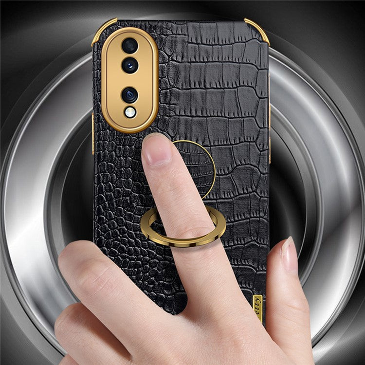 For Honor 70 5G Leather Coated TPU Anti-drop Case Crocodile Texture 6D Electroplated Cover with Ring Kickstand - Black