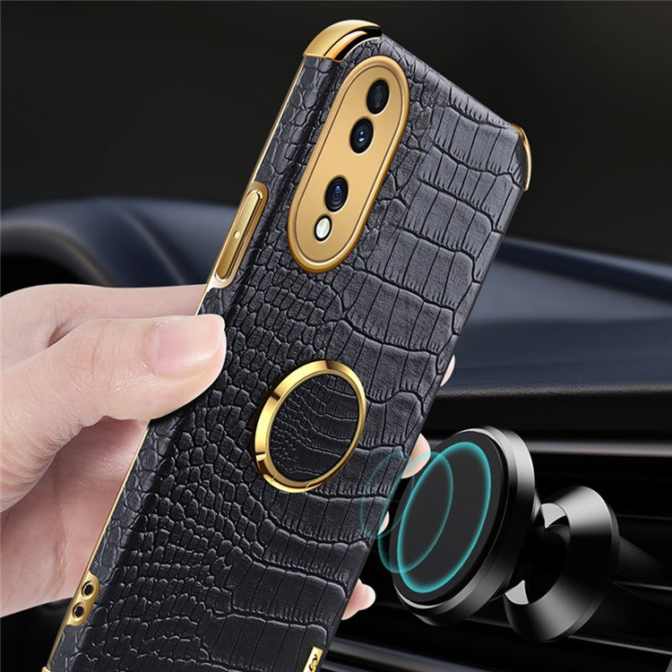 For Honor 70 5G Leather Coated TPU Anti-drop Case Crocodile Texture 6D Electroplated Cover with Ring Kickstand - Black