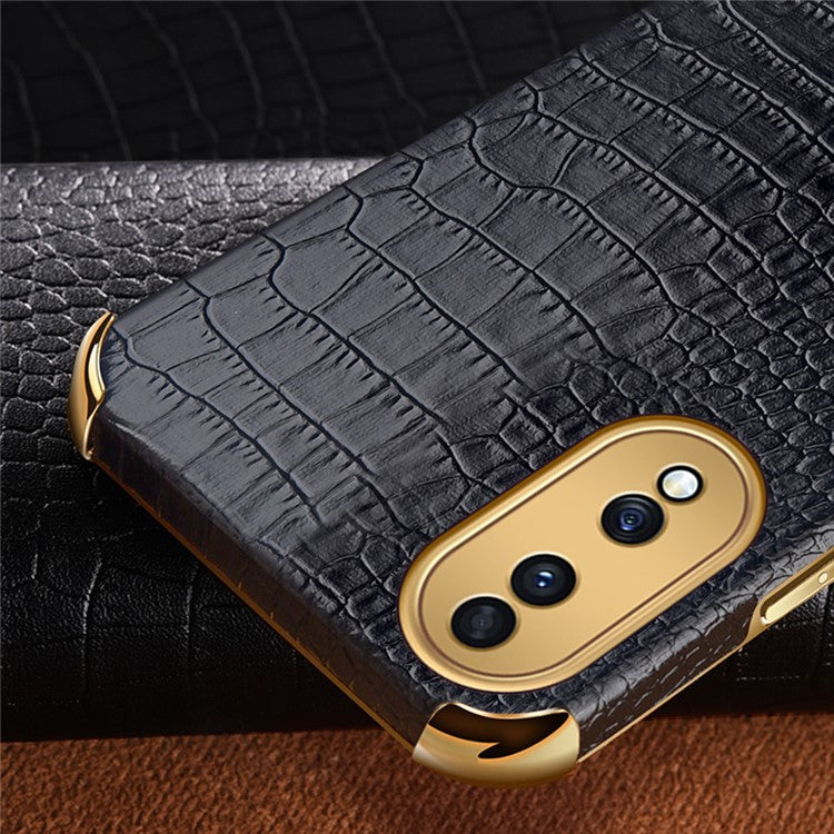 For Honor 70 5G Leather Coated TPU Anti-drop Case Crocodile Texture 6D Electroplated Cover with Ring Kickstand - Black