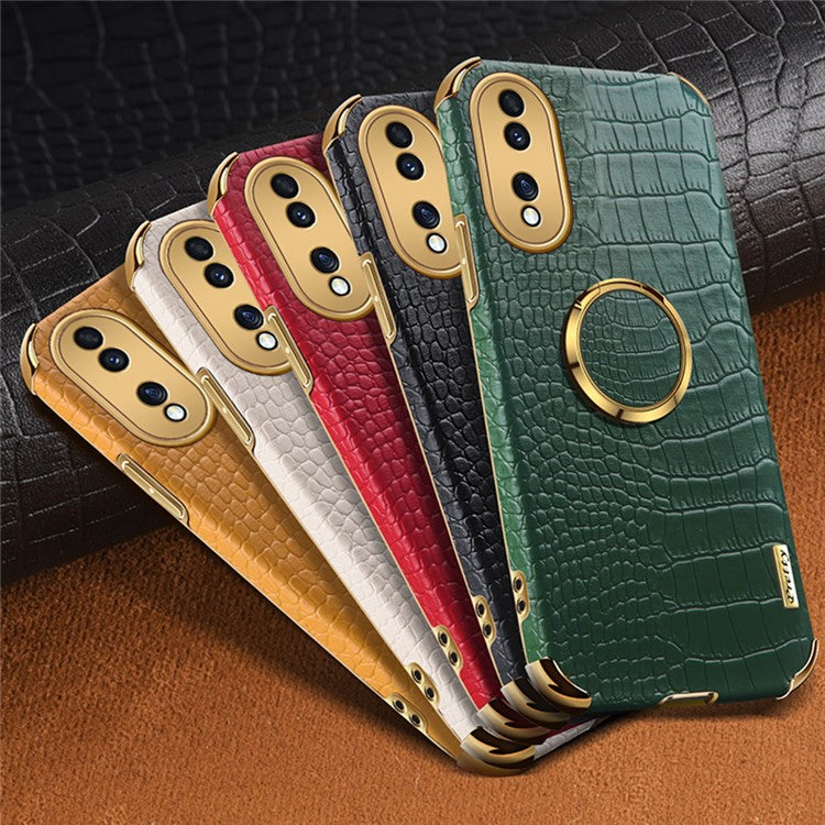 For Honor 70 5G Leather Coated TPU Anti-drop Case Crocodile Texture 6D Electroplated Cover with Ring Kickstand - Black