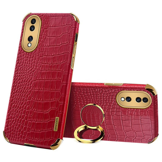 For Honor 70 5G Leather Coated TPU Anti-drop Case Crocodile Texture 6D Electroplated Cover with Ring Kickstand - Red