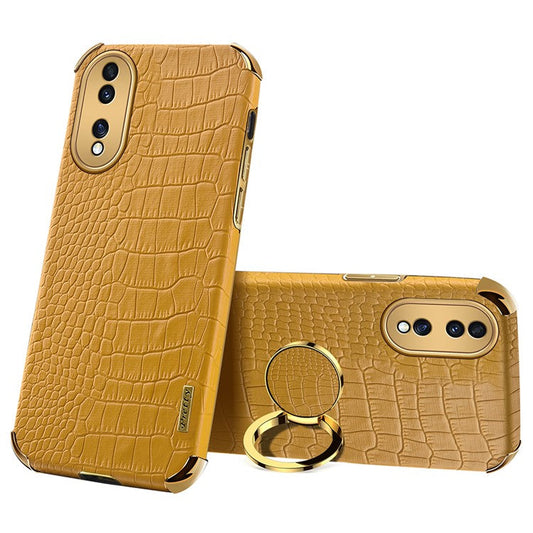For Honor 70 5G Leather Coated TPU Anti-drop Case Crocodile Texture 6D Electroplated Cover with Ring Kickstand - Yellow