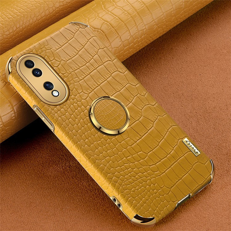 For Honor 70 5G Leather Coated TPU Anti-drop Case Crocodile Texture 6D Electroplated Cover with Ring Kickstand - Yellow