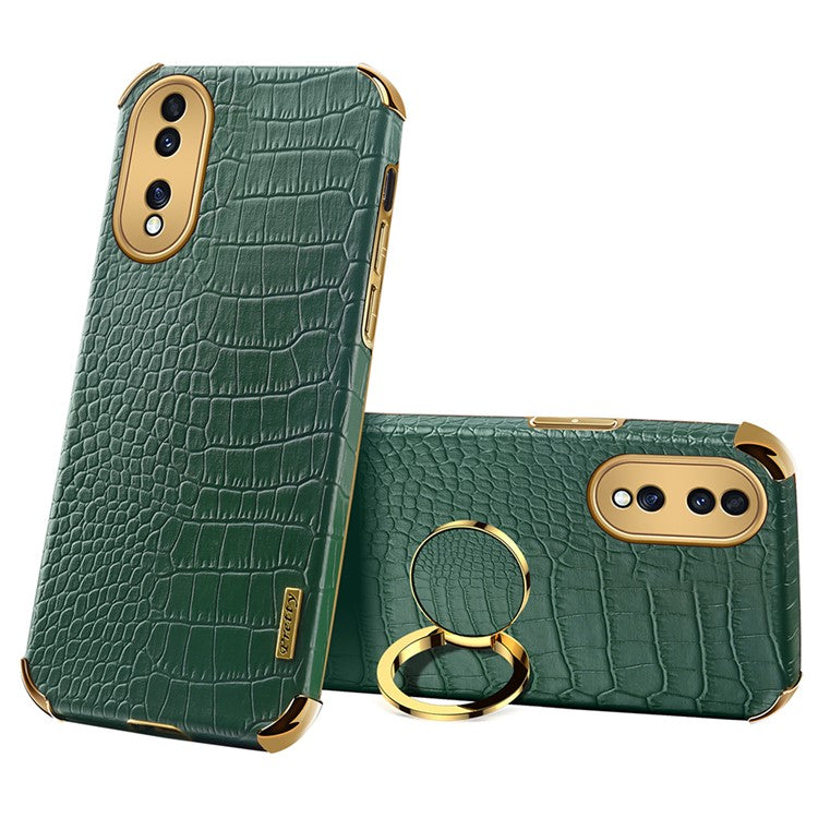 For Honor 70 5G Leather Coated TPU Anti-drop Case Crocodile Texture 6D Electroplated Cover with Ring Kickstand - Green