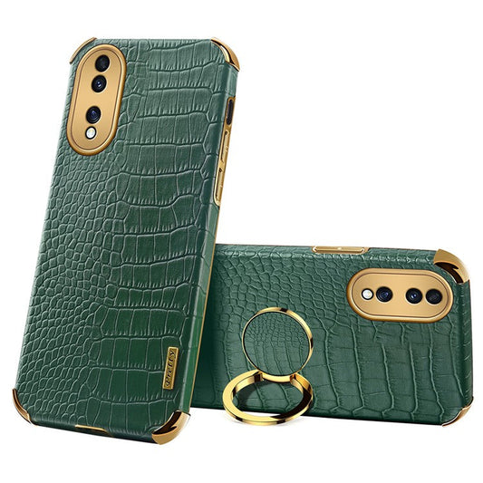 For Honor 70 5G Leather Coated TPU Anti-drop Case Crocodile Texture 6D Electroplated Cover with Ring Kickstand - Green