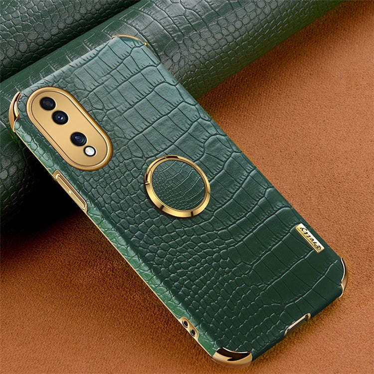 For Honor 70 5G Leather Coated TPU Anti-drop Case Crocodile Texture 6D Electroplated Cover with Ring Kickstand - Green