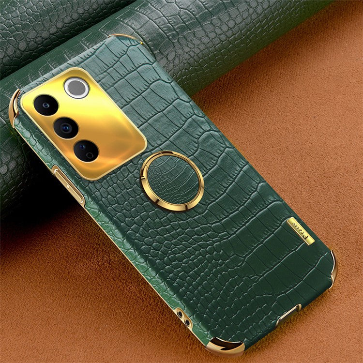 For vivo S16e 5G Precise Cutout  6D Electroplated Case Crocodile Texture Leather Coated TPU Cover with Ring Kickstand - Green