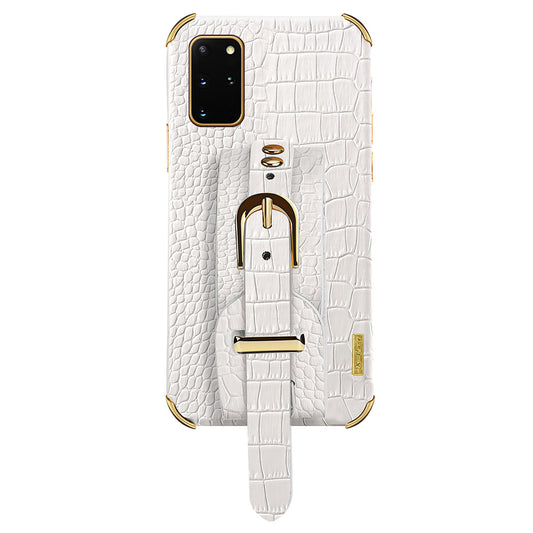 For Samsung Galaxy S20 Plus 5G / 4G Crocodile Texture Wristband Case 6D Electroplating PU Leather + TPU Phone Cover - White