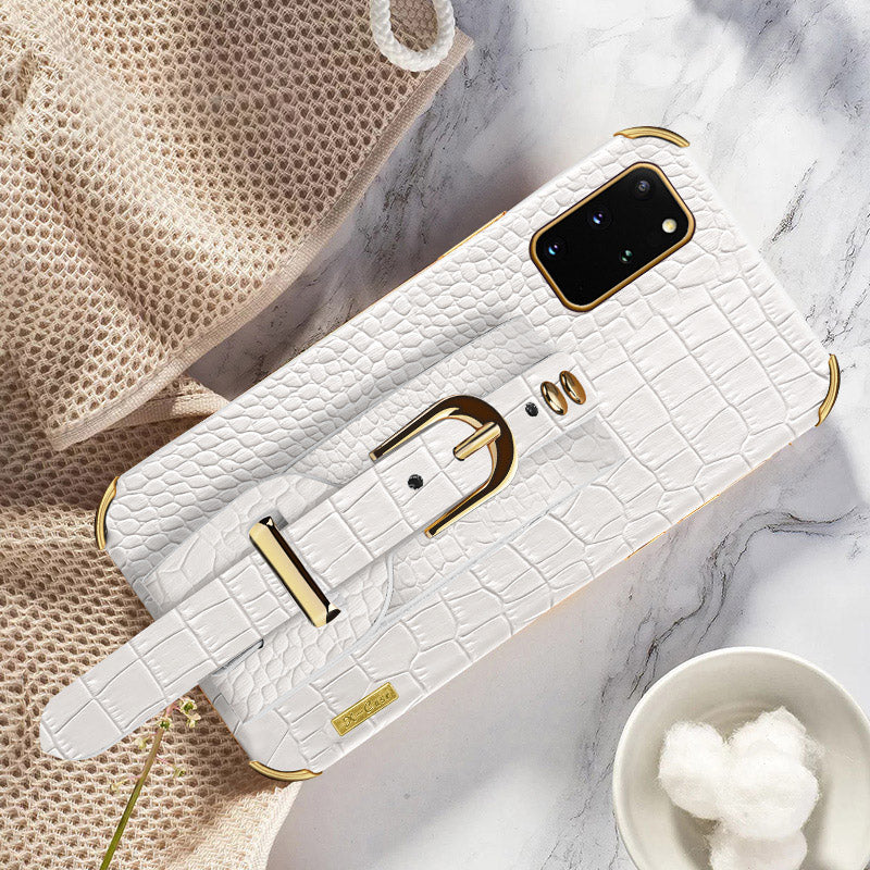 For Samsung Galaxy S20 Plus 5G / 4G Crocodile Texture Wristband Case 6D Electroplating PU Leather + TPU Phone Cover - White