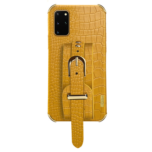 For Samsung Galaxy S20 Plus 5G / 4G Crocodile Texture Wristband Case 6D Electroplating PU Leather + TPU Phone Cover - Yellow
