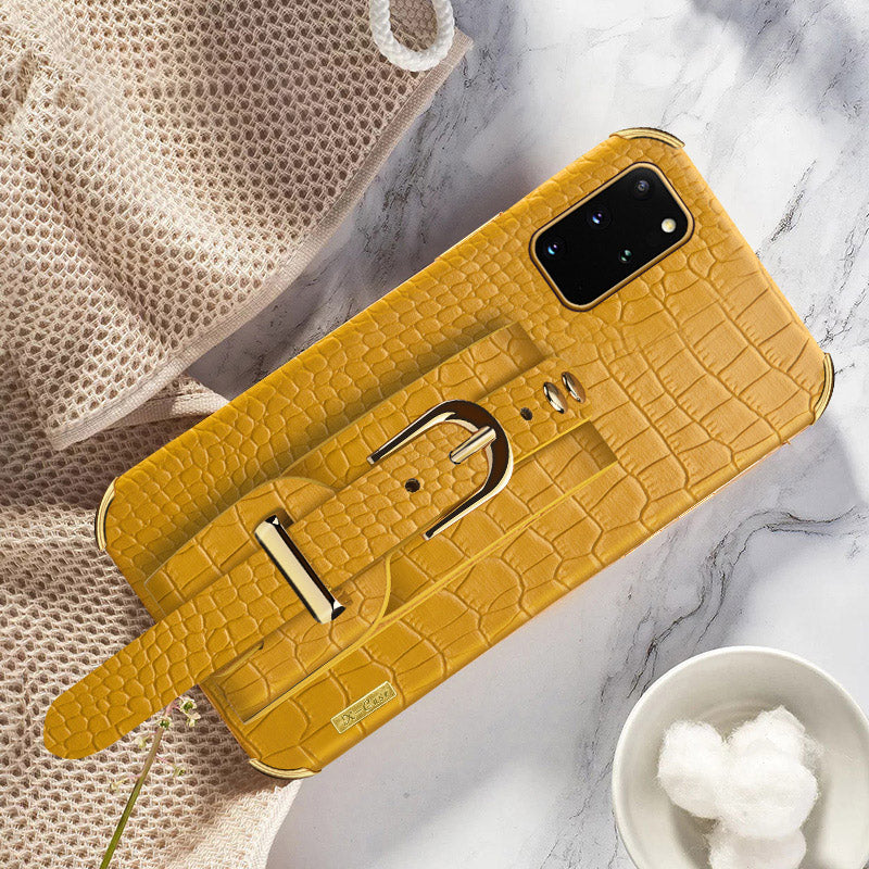 For Samsung Galaxy S20 Plus 5G / 4G Crocodile Texture Wristband Case 6D Electroplating PU Leather + TPU Phone Cover - Yellow