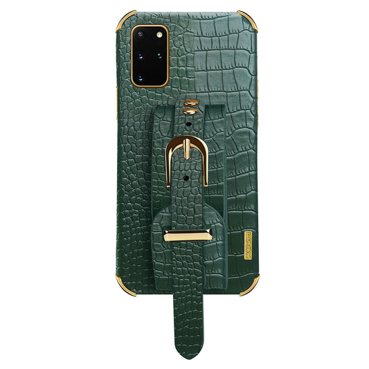For Samsung Galaxy S20 Plus 5G / 4G Crocodile Texture Wristband Case 6D Electroplating PU Leather + TPU Phone Cover - Green