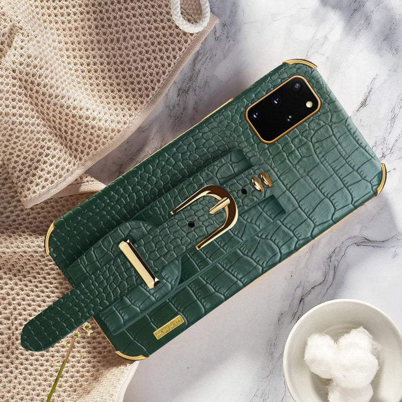 For Samsung Galaxy S20 Plus 5G / 4G Crocodile Texture Wristband Case 6D Electroplating PU Leather + TPU Phone Cover - Green