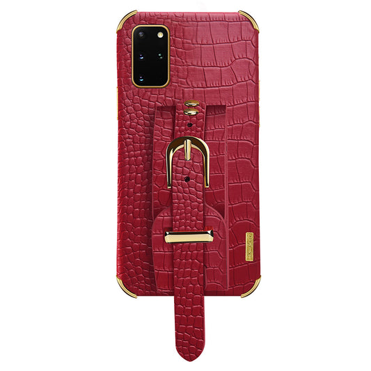 For Samsung Galaxy S20 Plus 5G / 4G Crocodile Texture Wristband Case 6D Electroplating PU Leather + TPU Phone Cover - Red
