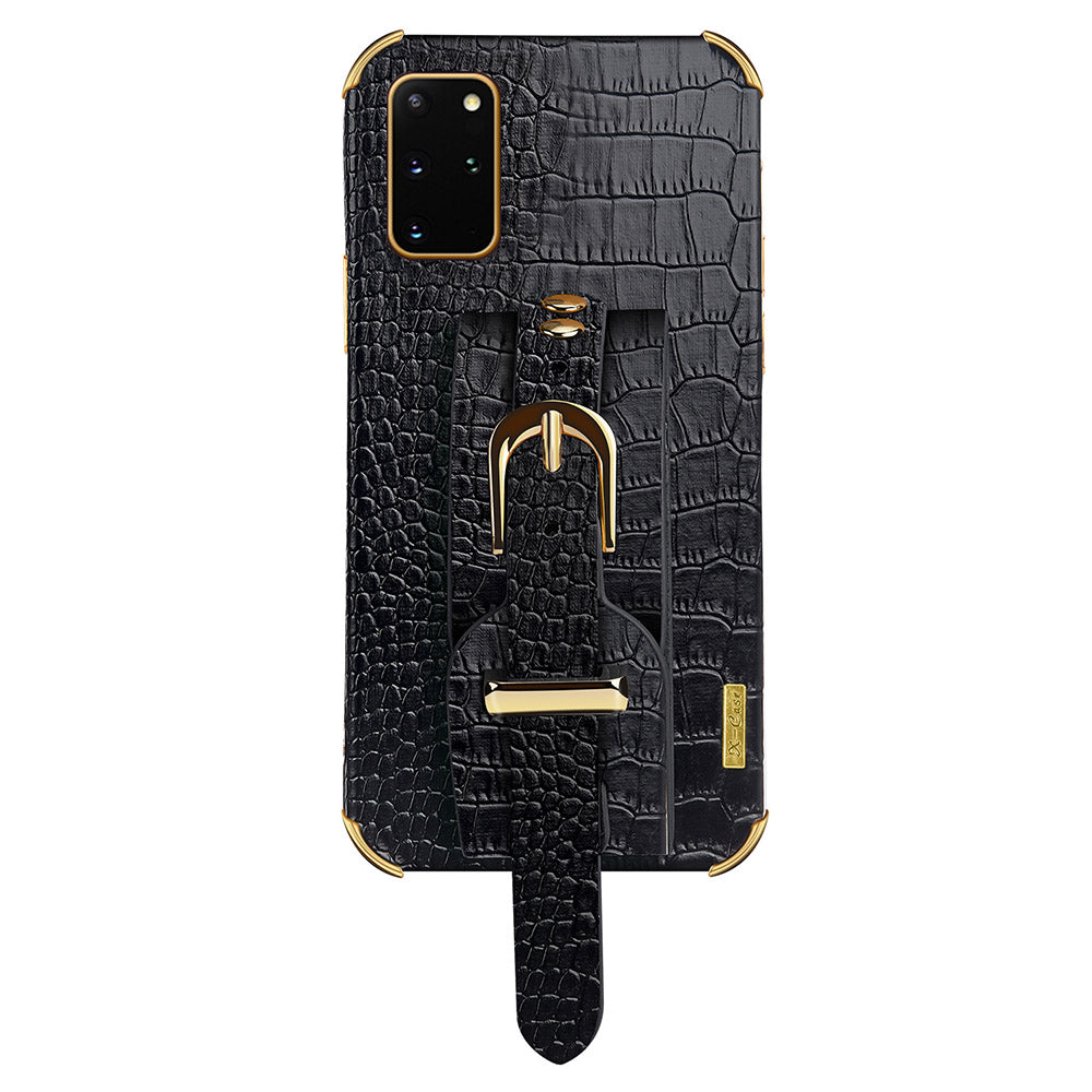For Samsung Galaxy S20 Plus 5G / 4G Crocodile Texture Wristband Case 6D Electroplating PU Leather + TPU Phone Cover - Black
