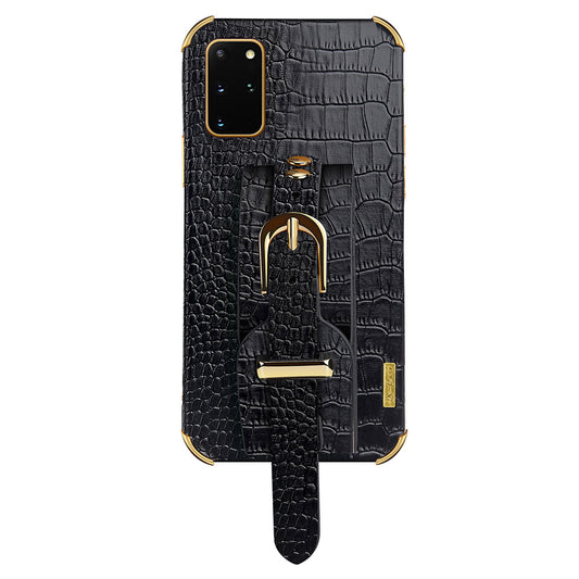 For Samsung Galaxy S20 Plus 5G / 4G Crocodile Texture Wristband Case 6D Electroplating PU Leather + TPU Phone Cover - Black