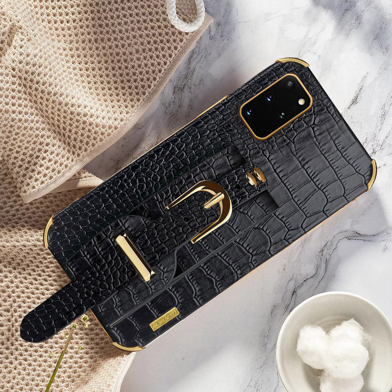 For Samsung Galaxy S20 Plus 5G / 4G Crocodile Texture Wristband Case 6D Electroplating PU Leather + TPU Phone Cover - Black
